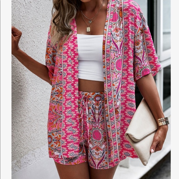 Boho Floral Paisley Print Open Front Kimono Top Shirt Blouse Shorts Set PINK - Picture 5 of 14